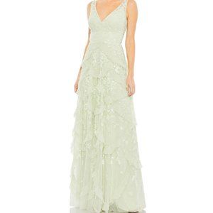 NWT MAC DUGGAL SEQUINED SCALLOPED RUFFLE V NECK LONG DRESS SAGE GREEN 2 9162